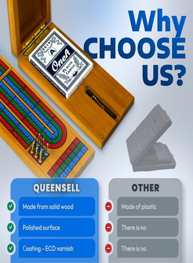 Queensell Cribbage Board Game Set with Storage - Classic Game Travel Cribbage Board with Wooden Card Storage for Adults & Kids - Ideal for Game Night - Image 4